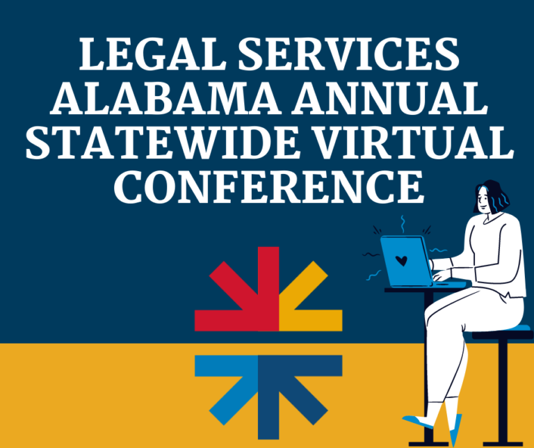 Text says Legal Services Alabama Annual Statewide Virtual Conference. A cartoon person sits at a table with an open laptop.