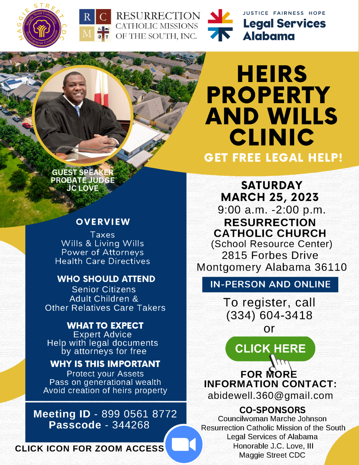 MONTGOMERY CO PROBATE JUDGE JC LOVE III MAJOR CO SPONSOR SPEAKER AT   Heirs Property Wills Clinic 3.2023 Flyer 1187x1536 